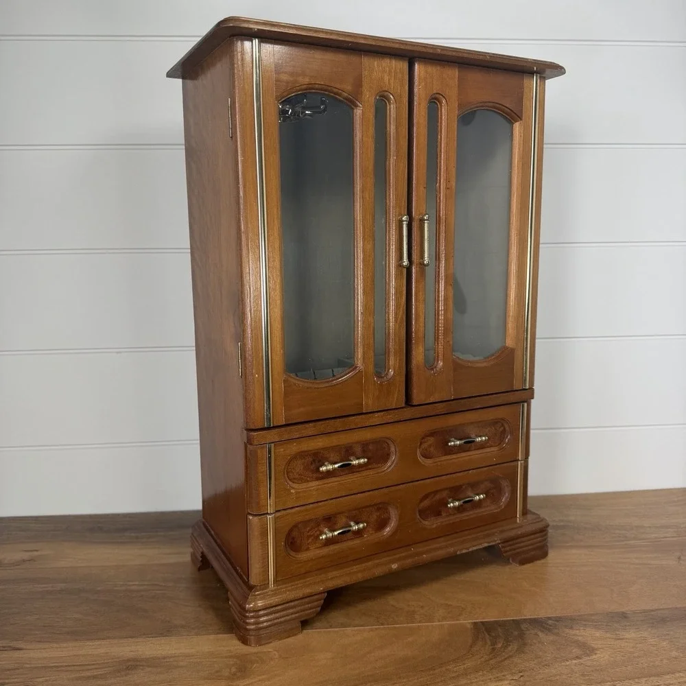VTG Wood 2 Door Jewelry Box Armoire Cabinet w Mirror Drawers Organizer 18